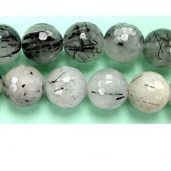 Perle facettes quartz incruste Tourmaline 10mm - Fil de 40 Centimetres