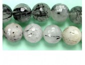 Perle facettes quartz incruste Tourmaline 14mm - Fil de 40 Centimetres